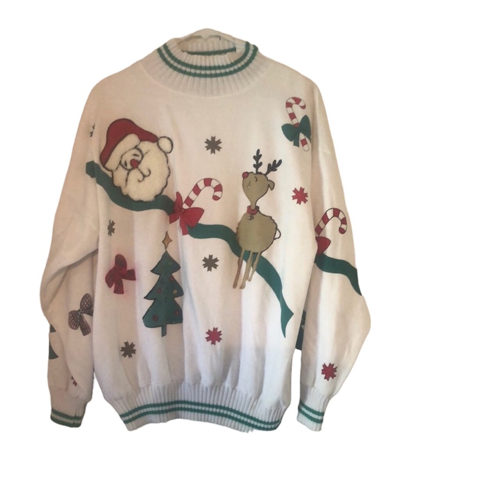 VTG fall stand collar Y2k artsy Christmas Santa Reindeer ribbed sweater